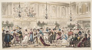 The Fancy Ball at the Upper Rooms, Bath, fra The English Spy, udgivet London, 1824 af Isaac Robert Cruikshank