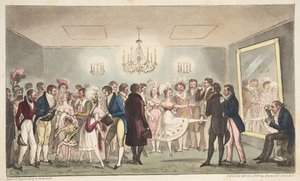 The Green Room of the Kings Theatre, eller noble amatører, der ser på udenlandske kuriositeter, fra The English Spy, pub. 1824 (håndfarvet gravering) af Isaac Robert Cruikshank