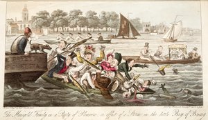 The Marigold Family on a Party of Pleasure, eller effekten af en storm i den lille Biscayabugt, fra The English Spy, pub. 1824 (håndfarvet gravering) af Isaac Robert Cruikshank