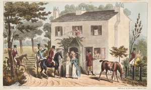 Oakland Cottages, Cheltenham eller Fox Hunters og deres favoritter, fra The English Spy, pub. 1824 (håndfarvet gravering) af Isaac Robert Cruikshank