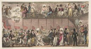The Royal Saloon, Piccadilly eller en time efter Operaen, fra The English Spy udgivet 1824 (håndfarvet gravering) af Isaac Robert Cruikshank
