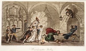 Westminster Frolics, fra The English Spy, pub. 1824 (håndfarvet gravering) af Isaac Robert Cruikshank