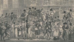 Udenfor White Horse Cellar, Piccadilly, 1821, 1920. Kunstnere: Isaac Robert Cruikshank, George Cruikshank. af Isaac, Robert and George Cruikshank