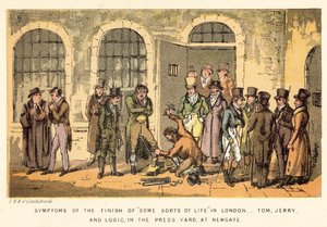 Symptomer på afslutningen af en slags liv i London, Tom, Jerry og Logic, i Press Yard, ved Newgate af Isaac, Robert and George Cruikshank
