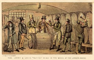Tom, Jerry og Logic smager vin i skoven ved London Docks af Isaac, Robert and George Cruikshank