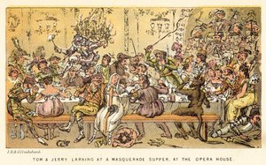 Tom og Jerry leger til en maskeradefest i operahuset af Isaac, Robert and George Cruikshank