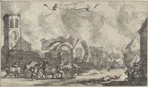 Franske tropper marcherer plyndring og skydning gennem ruinerne af landsbyen Nigtevecht, 1672 Serie på tretten billeder af landsbyerne og slottene i provinsen Utrecht ødelagt af franskmændene i 1672 (serietitel) af Isaac Sorious