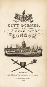Kalligrafisk titelblad med vignet af Londons by med Saint Paul