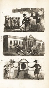 Brandbilen, tegning af varer på en lastbil, East India House og London Stone af Isaac Taylor