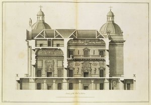 Houghton Hall: tværsnit af hallen og salonen, graveret af Pierre Fourdrinier, 1735 (se også 64903 og 64904) af Isaac Ware