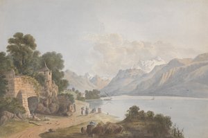 Bjerglandskab med sø, port og figurer af Isaac Weld