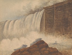 Udsigt over Niagara Falls med to figurer på klippen i højre forgrund af Isaac Weld