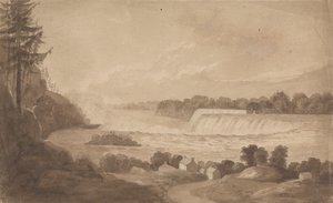 Udsigt over Niagara Falls med vandfaldene i baggrunden, til højre og landskab med huse i forgrunden af Isaac Weld
