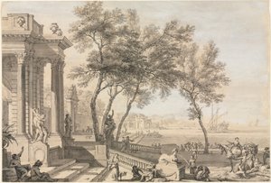Fantastisk havnescene med arkitektur og figurer af Isaac de Moucheron