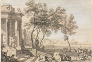 Fantastisk havnescene med arkitektur og figurer, 1713.