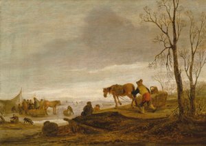 Et vinterlandskab med figurer på en frossen flod af Isaac van Ostade