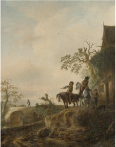 Landskab med ryttere, der gør holdt ved en kro af Isaac van Ostade