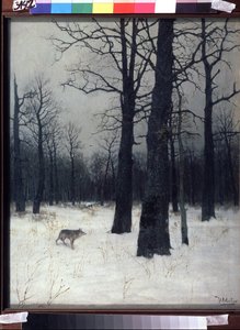 Skov om vinteren. Sorte, nøgne træer i sneen, med en ulv. Maleri af Isaak Ilyich Levitan (1860-1900), olie på lærred