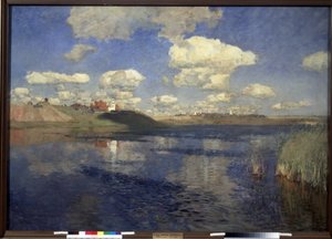 Søen. Udsigt over vidden af ​​søen omkranset af siv, ved bredden, en landsby og dyrkede marker. Maleri af Isaac (Isaak) Ilyich Levitan (1860-1900), olie på lærred af Isaak Ilyich Levitan