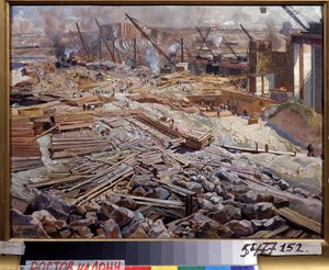 Generelt billede af Dnepr vandkraftstation. Maleri af Isaak Izrailevich Brodsky (Brodsky) (1884-1939). Olie på lærred af Isaak Israilevich Brodsky