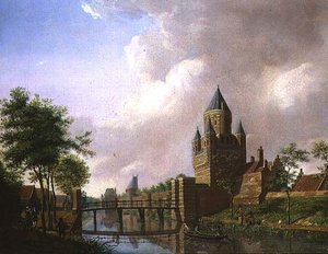 Udsigt over Kleine Houtpoort, Haarlem af Isaac Ouwater
