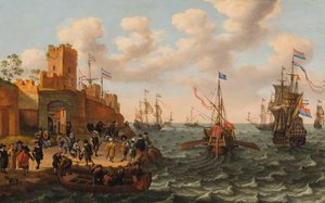 En hollandsk tremester og en pavelig kabyss med anden skibsfart langs kysten af en befæstet by, ca. 1662 (olie på panel) af Isaak Willaerts