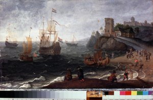 Fiskemarked på stranden (fiskemarked ved kysten). Maleri af Isaac Willaerts (1620-1693). Olie på træ, 35,5 x 67 cm, omkring 1640. Hollandsk kunst fra 1600-tallet. Statens Museum for Historie og Kunst, Serpukhov (Rusland). af Isaak Willaerts
