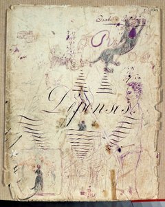 Arthur Rimbaud hjælper høsten. Tegning af Isabelle Rimbaud med lilla blæk på arket med udkast til en udgiftsbog af Isabelle Rimbaud