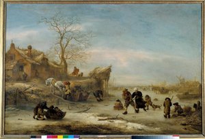 Canal gele med par skøjteløb Maleri af Isaak Van Ostade (1621-1649). 17. århundrede søn. 1x1,49 m