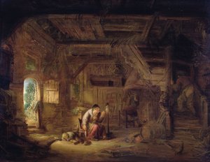 Interiør af en stald med en gammel kvinde ved en gård (olie på panel)