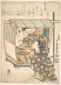 En kvinde siddende i en kago af Ishikawa Toyonobu