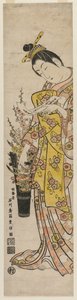 Kurtisane læser et digtslip bundet til blomster i en vase af Ishikawa Toyonobu