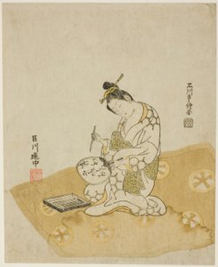 Skriver på en fan af Ishikawa Toyonobu