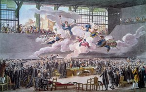Fransk revolution: "" Le oath du jeu de Paume le 20 juin 1789"" Deputerede sværger ikke at skille sig ad, før en forfatning er rettet. Stik af Isidore Helman (1743-1809) 1789 Paris, B.N.
