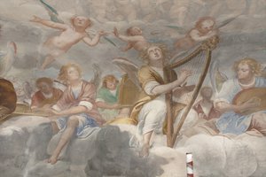 Engle, musiker-engle og puttos, detalje af Paradiset med den evige Fader, ca. 1623-34 (detalje af 3496185) af Isidoro Bianchi