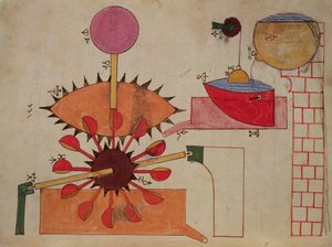 Diagram over et system til at pumpe vand ind i et bassin, fra Book of Knowledge of Genious Mechanical Devices af Al-Jazari, 1206 af Islamic School