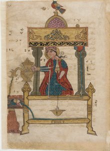 Håndvaskeautomat med skyllemekanisme, folio fra The Book of Genious Mechanical Devices; af Al-Djazari, 1315 (ugennemsigtigt wc, blæk og guld på papir) af Islamic School