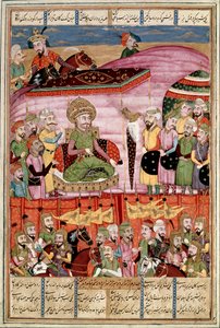 Islamisk kunst: "" Sohrab (Saharab) står ved teltet Roustam""" Persisk miniature fra et manuskript af det episke digt "" Shahnameh"" (Shah Nama, Shahnama) (Kongernes Bog) af Ferdowsi (Firdawsi eller Ferdawsi) , eller Firdousi, ca. 940-omkring 1020) (ms. 60 af Islamic School