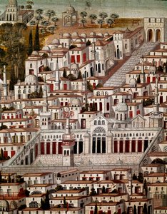 Islamisk kunst: Udsigt over Damaskus med Umayyadernes store moske i Damaskus (705-715). Anonymt syrisk maleri fra det 17. århundrede. Syrien, Damaskus, Azem Palace eller Azm.