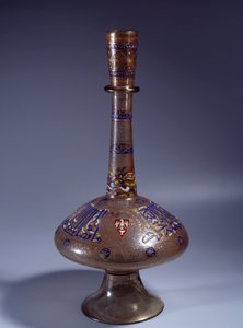 Islamisk kunst: flasken har længe enamed glashals af Vice King Tuquztemur. 1345 ca.. fra Egypten eller Syrien. Svag. 50 cm. Paris, Louvre-museet af Islamic School
