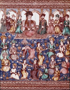Islamisk kunst: musikere og dansere ved domstolen i Nasser-al-Din (Nasser al-Din eller Nasser al-Din, men også Nassereddin eller Nassiruddin af Islamic School