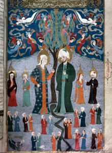 Islamisk repræsentation af Adam og Eva Miniature fra manuskriptet "Zubdat al Tawarikh" (Zubdat al Tawarikh) (Creme of Stories) af historikeren Seyyid Loqman Ashuri 1538. Tyrkisk og islamisk kunstmuseum Istanbul af Islamic School