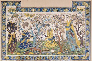 Vægmaleri panel af figurer, der slapper af i en have, fra Tchehel Sutun eller Pavillonen med Fyrre Søjler bygget af Shah Abbas II (1642-66), persisk, fra Isfahan, Iran (keramiske fliser) af Islamic School