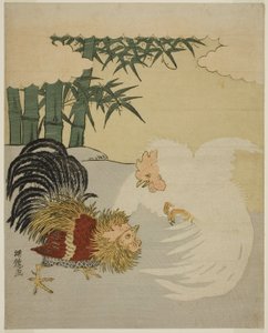 Haner, der kæmper nær Bamboo Grove af Isoda Koryusai
