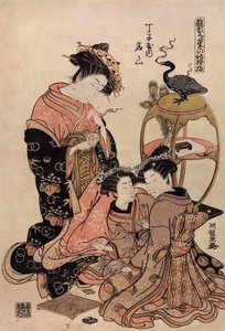 Japansk kurtisane i kimono drikker en kop te af Isoda Koryusai