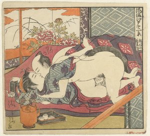 Kærlighedspar ved teservice Twelve Views of Sophisticated Edo (serietitel) Furyu Edo junikei (serietitel på objekt)