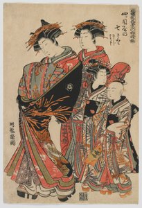 Modeller til mode: Nye designs som friske unge blade: Kurtisanen Nanasato fra Yotsumeya med hendes ledsagere Nanaji og Satoji, Edo-perioden, 1778-80 (farvet træbloktryk)