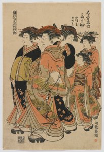 Models of Fashion: New Designs as Fresh Young Leaves: Courtesan Tagasode of Daimonjiya with Katsuru, Tomeki, and Attendants, Edo-perioden, 1778-80 (farvet træbloktryk) af Isoda Koryusai