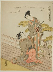 Parodi på panserdragende scene (Kusazuribiki), fra serien "Fashionable Parodies of Bravery in Love (Furyu mitate iro-buyu)" af Isoda Koryusai