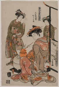 Kurtisanen Karahama fra Yamashiroya udfører te-ceremonien (fra serien Models for Fahions: New Designs as Fresh as Young Leaves) af Isoda Koryusai